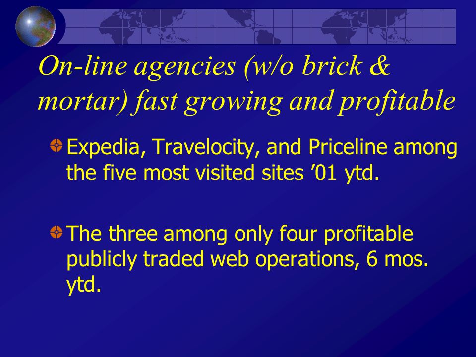 On-line agencies (w/o brick & mortar) fast growing and profitable Expedia, Travelocity, and Priceline among the five most visited sites ’01 ytd.