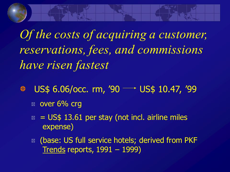 US$ 6.06/occ. rm, ’90 US$ 10.47, ’99 over 6% crg = US$ per stay (not incl.