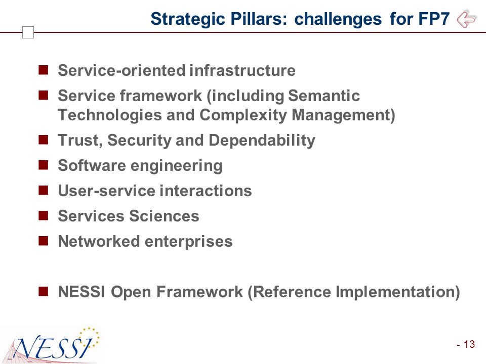 - 13 Strategic Pillars: challenges for FP7 Service-oriented infrastructure Service framework (including Semantic Technologies and Complexity Management) Trust, Security and Dependability Software engineering User-service interactions Services Sciences Networked enterprises NESSI Open Framework (Reference Implementation)