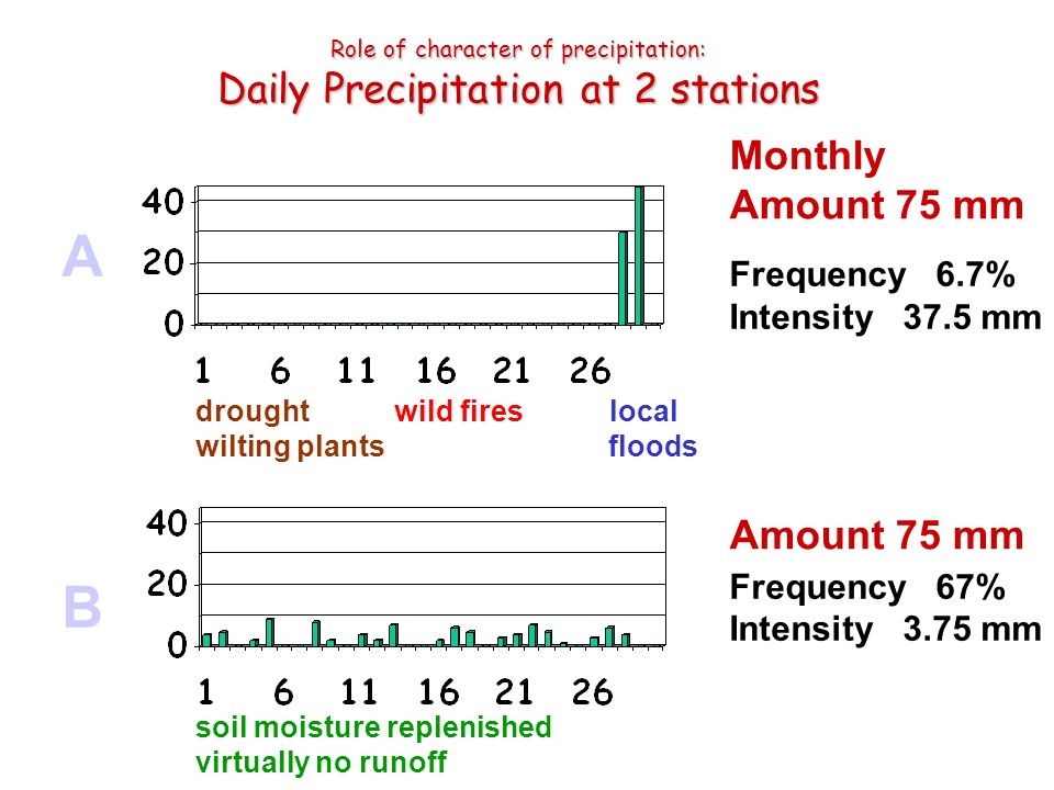 Role of character of precipitation: Daily Precipitation at 2 stations Frequency 6.7% Intensity 37.5 mm Frequency 67% Intensity 3.75 mm Monthly Amount 75 mm drought wild fires local wilting plants floods soil moisture replenished virtually no runoff ABAB