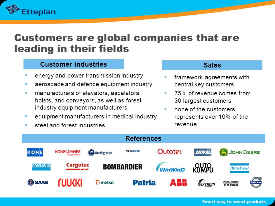 References Customers are global companies that are leading in their fields  energy and power transmission industry  aerospace and defence equipment industry  manufacturers of elevators, escalators, hoists, and conveyors, as well as forest industry equipment manufacturers  equipment manufacturers in medical industry  steel and forest industries Customer industries Sales  framework agreements with central key customers  75% of revenue comes from 30 largest customers  none of the customers represents over 10% of the revenue