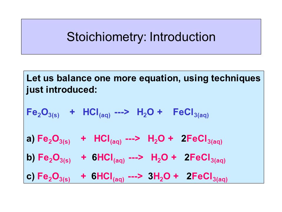Stoichiometry: Introduction Let us balance one more equation, using techniques just introduced: Fe 2 O 3(s) + HCl (aq) ---> H 2 O + FeCl 3(aq) a) Fe 2 O 3(s) + HCl (aq) ---> H 2 O + 2FeCl 3(aq) b) Fe 2 O 3(s) + 6HCl (aq) ---> H 2 O + 2FeCl 3(aq) c) Fe 2 O 3(s) + 6HCl (aq) ---> 3H 2 O + 2FeCl 3(aq)