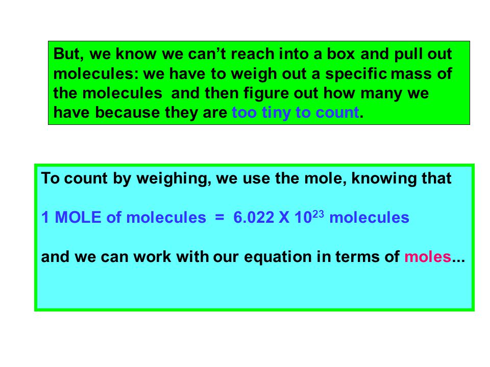 But, we know we can’t reach into a box and pull out molecules: we have to weigh out a specific mass of the molecules and then figure out how many we have because they are too tiny to count.