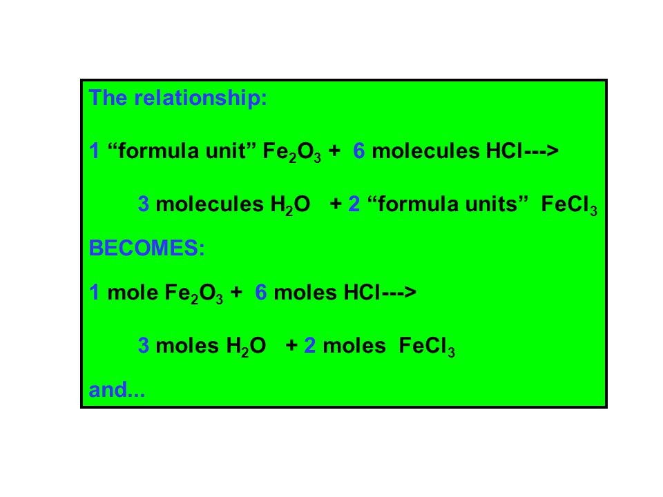The relationship: 1 formula unit Fe 2 O molecules HCl---> 3 molecules H 2 O + 2 formula units FeCl 3 BECOMES: 1 mole Fe 2 O moles HCl---> 3 moles H 2 O + 2 moles FeCl 3 and...