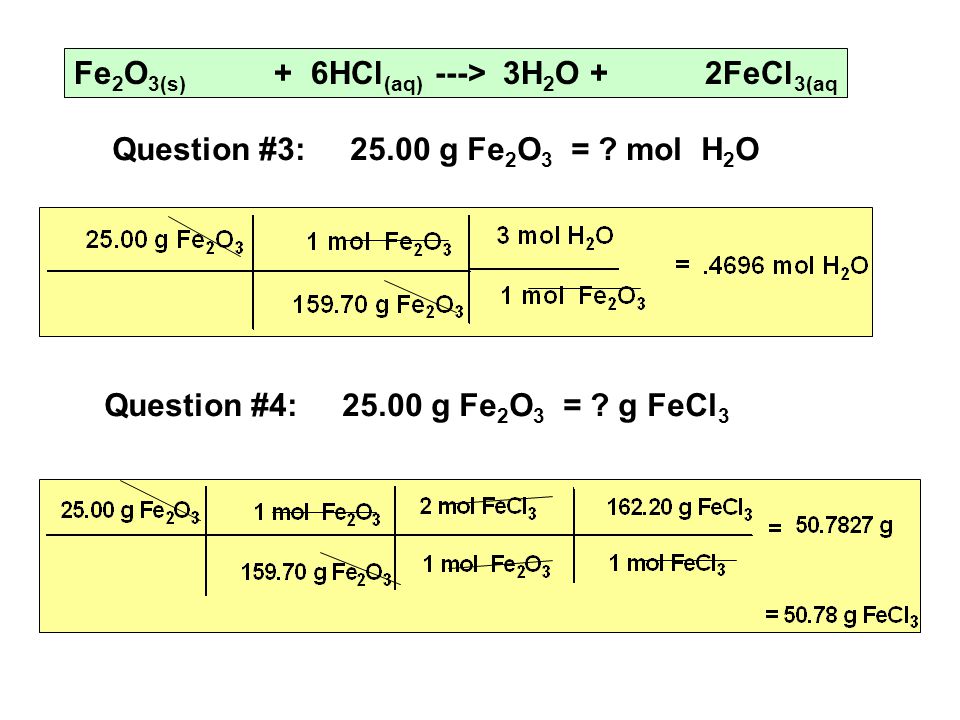 Fe 2 O 3(s) + 6HCl (aq) ---> 3H 2 O + 2FeCl 3(aq Question #3: g Fe 2 O 3 = .