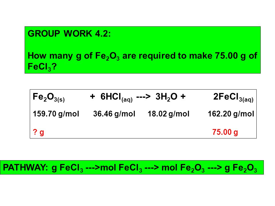 GROUP WORK 4.2: How many g of Fe 2 O 3 are required to make g of FeCl 3 .