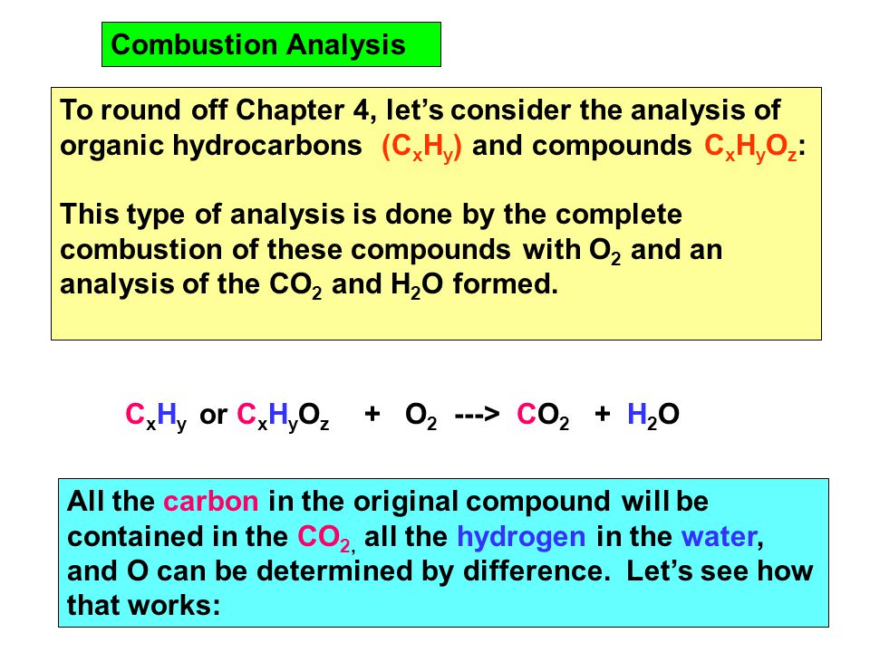 Combustion Analysis To round off Chapter 4, let’s consider the analysis of organic hydrocarbons (C x H y ) and compounds C x H y O z : This type of analysis is done by the complete combustion of these compounds with O 2 and an analysis of the CO 2 and H 2 O formed.
