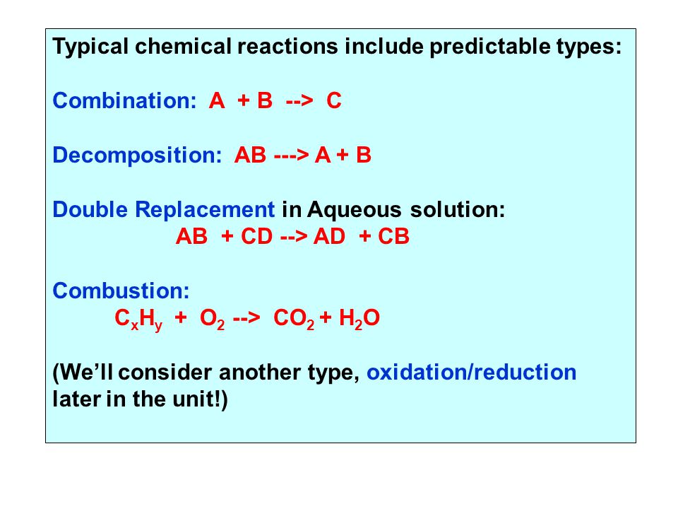 Typical chemical reactions include predictable types: Combination: A + B --> C Decomposition: AB ---> A + B Double Replacement in Aqueous solution: AB + CD --> AD + CB Combustion: C x H y + O 2 --> CO 2 + H 2 O (We’ll consider another type, oxidation/reduction later in the unit!)
