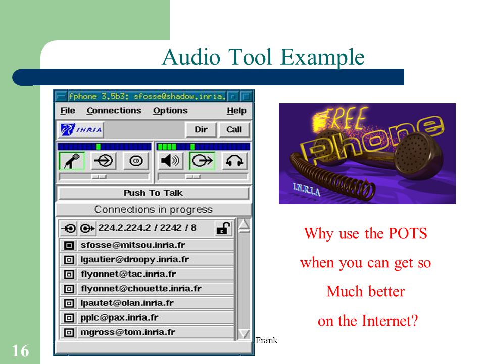 16 T.Sharon-A.Frank Audio Tool Example Why use the POTS when you can get so Much better on the Internet