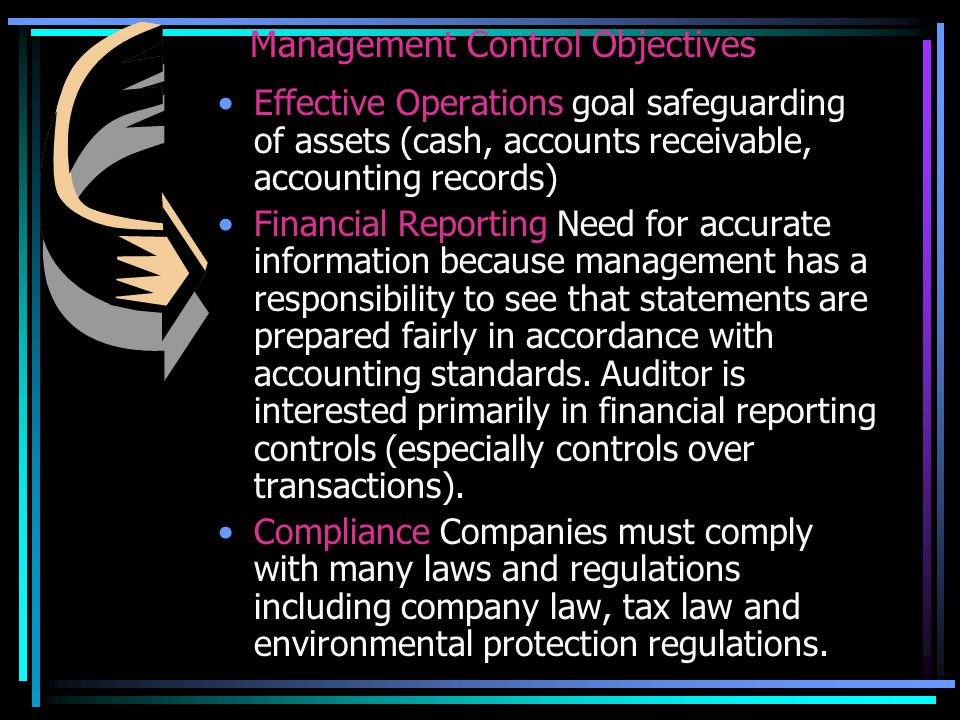 Management Control Objectives Effective Operations goal safeguarding of assets (cash, accounts receivable, accounting records) Financial Reporting Need for accurate information because management has a responsibility to see that statements are prepared fairly in accordance with accounting standards.