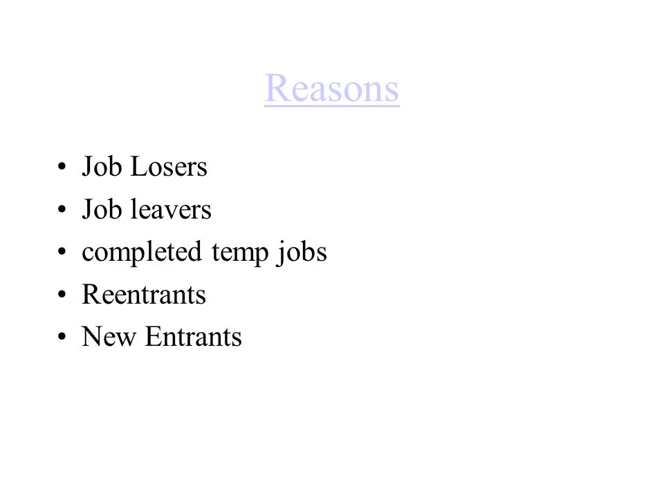 Reasons Job Losers Job leavers completed temp jobs Reentrants New Entrants