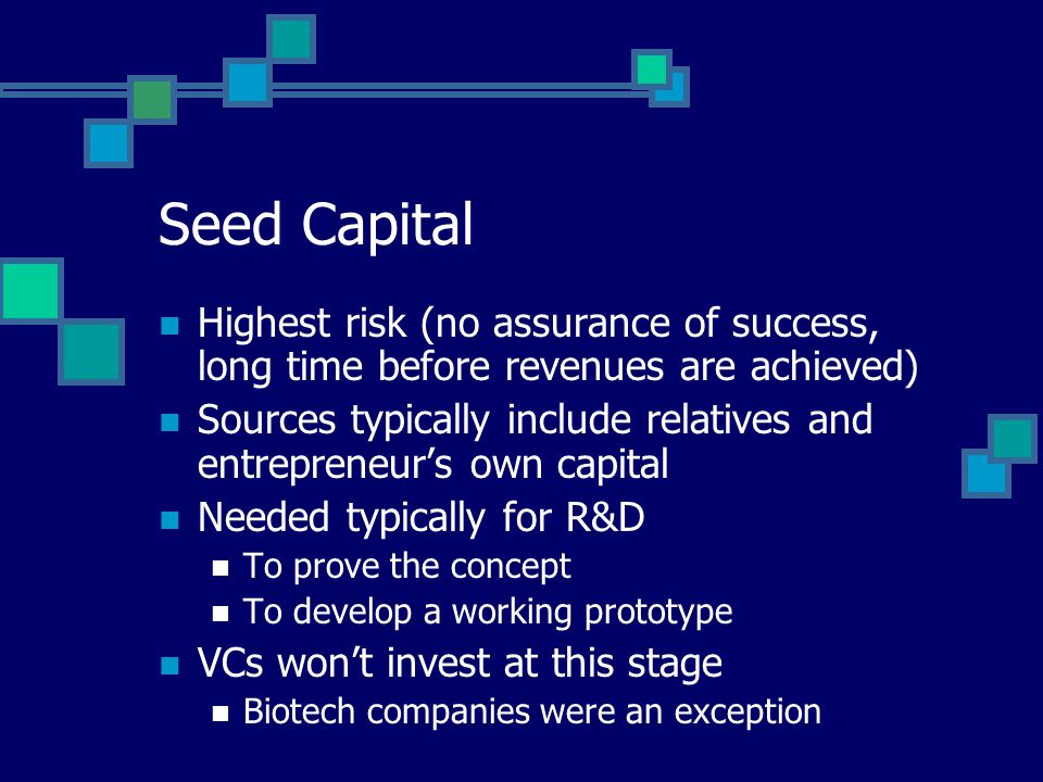 Seed Capital Highest risk (no assurance of success, long time before revenues are achieved) Sources typically include relatives and entrepreneur’s own capital Needed typically for R&D To prove the concept To develop a working prototype VCs won’t invest at this stage Biotech companies were an exception