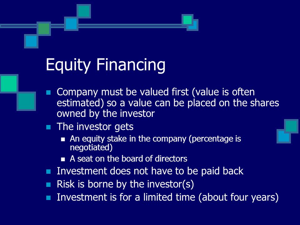 Equity Financing Company must be valued first (value is often estimated) so a value can be placed on the shares owned by the investor The investor gets An equity stake in the company (percentage is negotiated) A seat on the board of directors Investment does not have to be paid back Risk is borne by the investor(s) Investment is for a limited time (about four years)