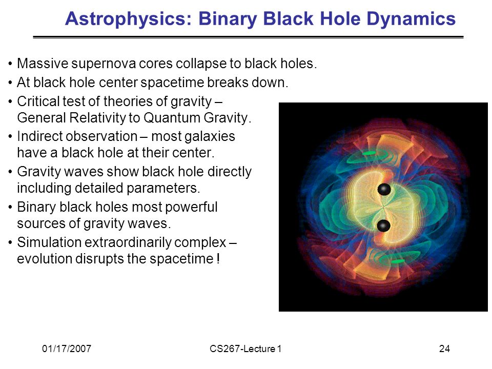 01/17/2007CS267-Lecture 124 Astrophysics: Binary Black Hole Dynamics Massive supernova cores collapse to black holes.