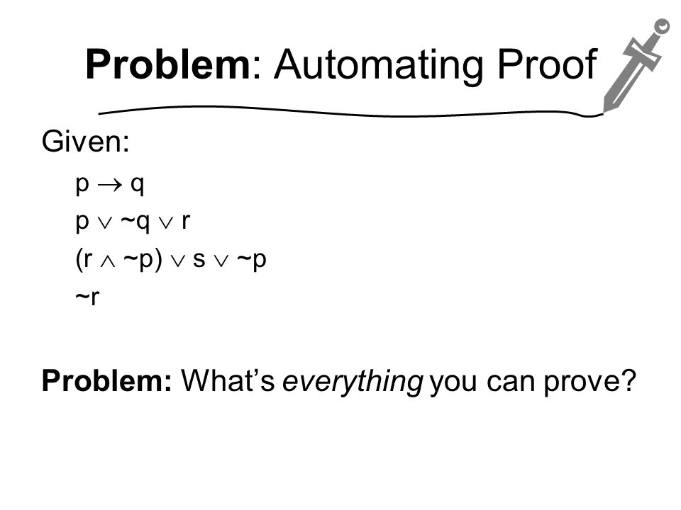 Problem: Automating Proof Given: p  q p  ~q  r (r  ~p)  s  ~p ~r Problem: What’s everything you can prove