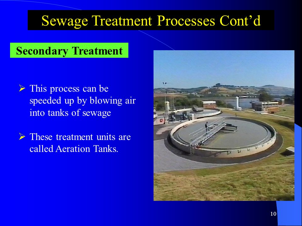 9 Secondary Treatment Sewage Treatment Processes Cont’d  Biological treatment to reduce organic matter in the waste stream  Aerobic bacteria is the main cause for this reduction  The chemical reaction: Organic matter CO 2 + H 2 O Bacteria O2O2
