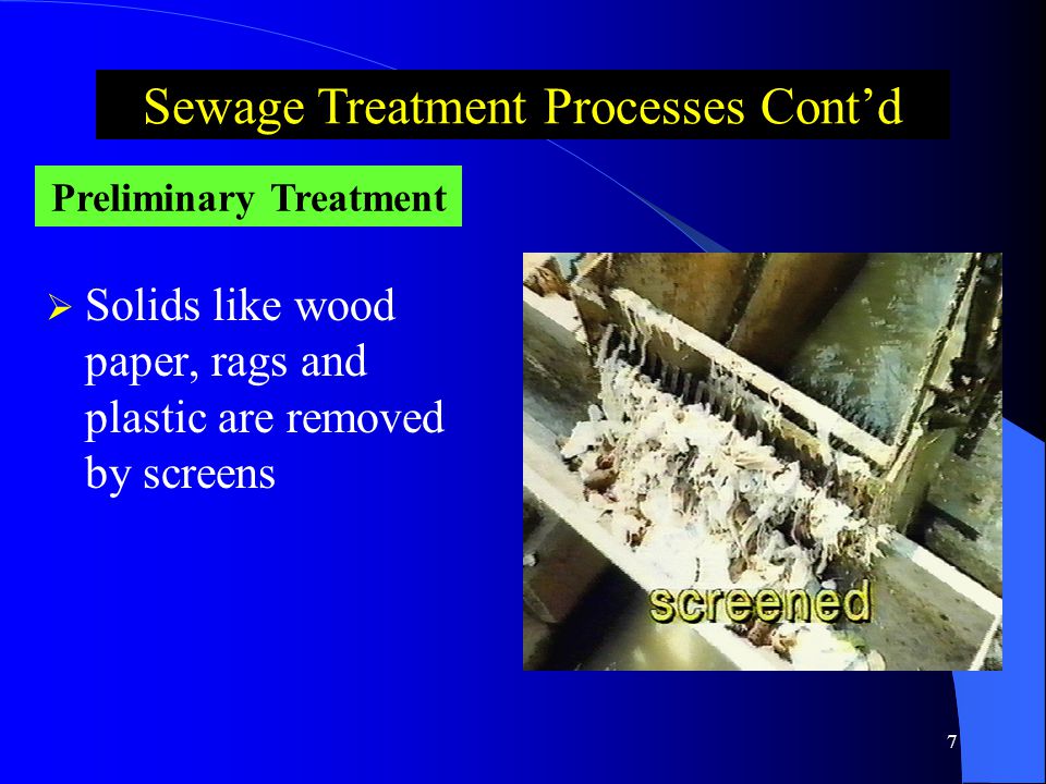 6 Sewage Treatment Processes  Preliminary  Primary  Secondary  Tertiary