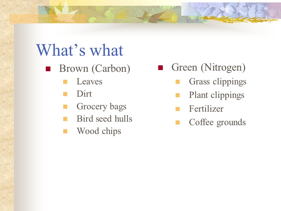 What’s what Brown (Carbon) Leaves Dirt Grocery bags Bird seed hulls Wood chips Green (Nitrogen) Grass clippings Plant clippings Fertilizer Coffee grounds