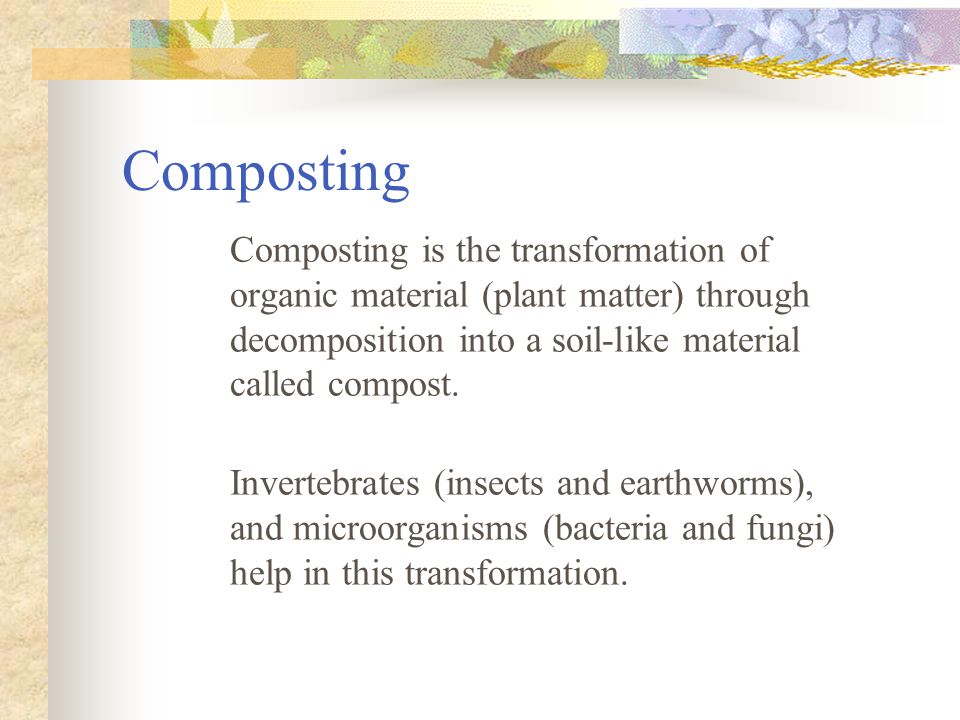 Composting Composting is the transformation of organic material (plant matter) through decomposition into a soil-like material called compost.