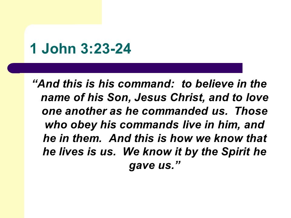 1 John 3:23-24 And this is his command: to believe in the name of his Son, Jesus Christ, and to love one another as he commanded us.