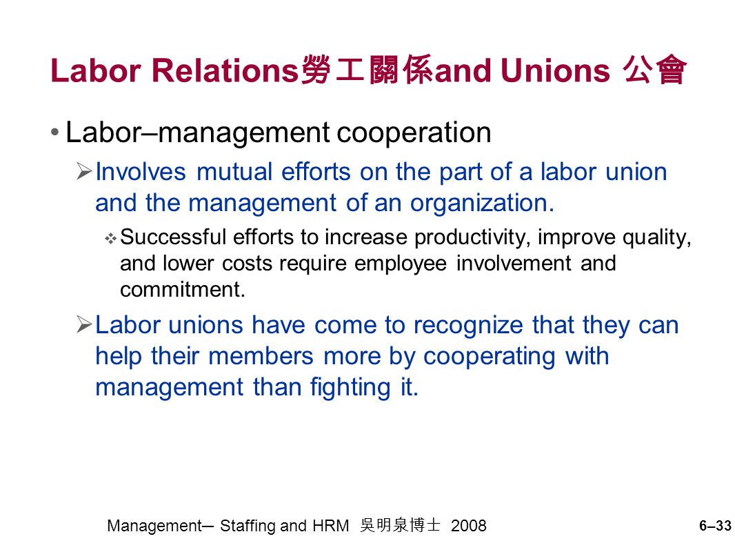 6–33 Management─ Staffing and HRM 吳明泉博士 2008 Labor Relations 勞工關係 and Unions 公會 Labor–management cooperation  Involves mutual efforts on the part of a labor union and the management of an organization.
