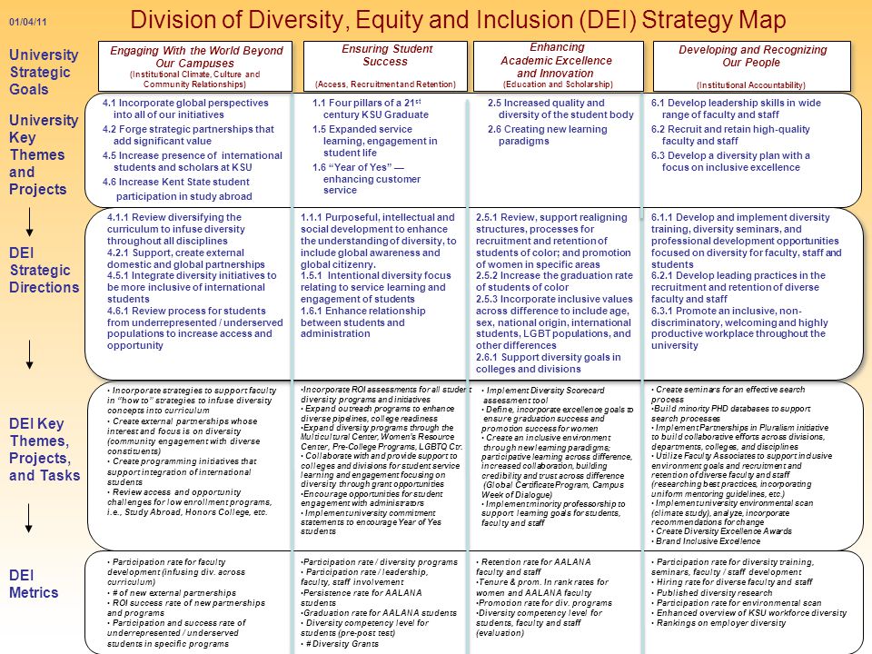 Division of Diversity, Equity and Inclusion (DEI) Strategy Map October /04/11 University Strategic Goals Ensuring Student Success (Access, Recruitment and Retention) Ensuring Student Success (Access, Recruitment and Retention) DEI Strategic Directions DEI Key Themes, Projects, and Tasks Developing and Recognizing Our People (Institutional Accountability) Developing and Recognizing Our People (Institutional Accountability) University Key Themes and Projects Review diversifying the curriculum to infuse diversity throughout all disciplines Support, create external domestic and global partnerships Integrate diversity initiatives to be more inclusive of international students Review process for students from underrepresented / underserved populations to increase access and opportunity Purposeful, intellectual and social development to enhance the understanding of diversity, to include global awareness and global citizenry.