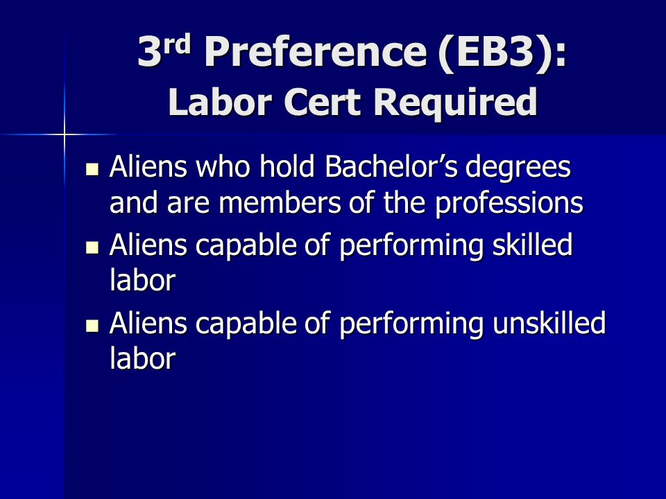 3 rd Preference (EB3): Labor Cert Required Aliens who hold Bachelor’s degrees and are members of the professions Aliens who hold Bachelor’s degrees and are members of the professions Aliens capable of performing skilled labor Aliens capable of performing skilled labor Aliens capable of performing unskilled labor Aliens capable of performing unskilled labor