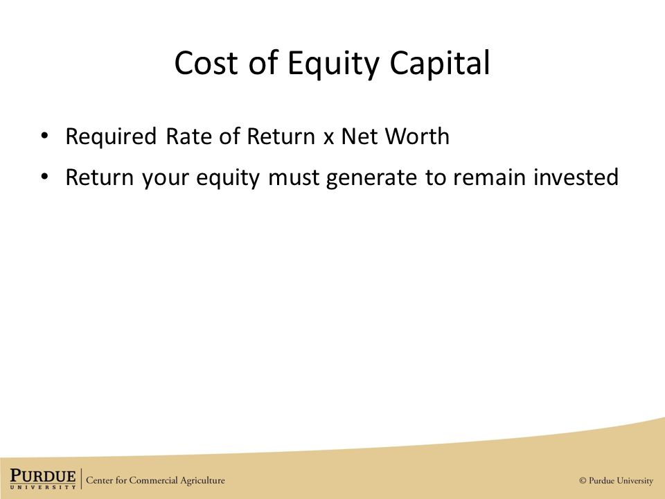 Cost of Equity Capital Required Rate of Return x Net Worth Return your equity must generate to remain invested