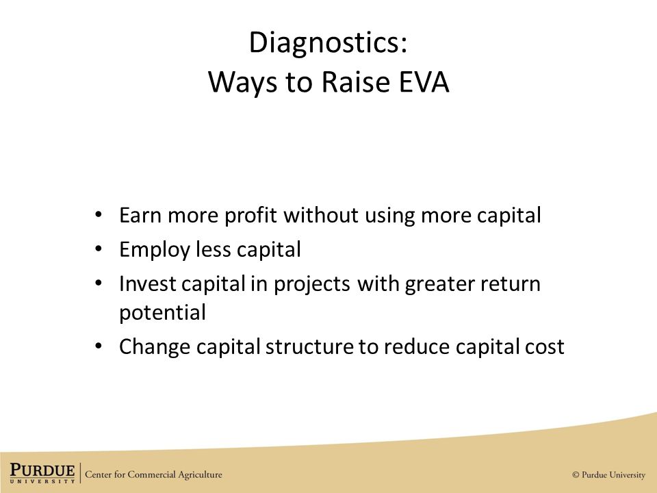 Diagnostics: Ways to Raise EVA Earn more profit without using more capital Employ less capital Invest capital in projects with greater return potential Change capital structure to reduce capital cost