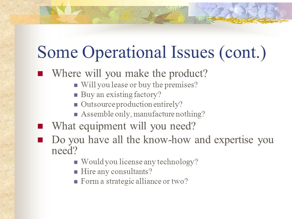 Some Operational Issues (cont.) Where will you make the product.