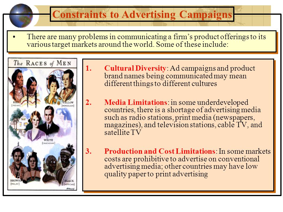 Constraints to Advertising Campaigns There are many problems in communicating a firm’s product offerings to its various target markets around the world.