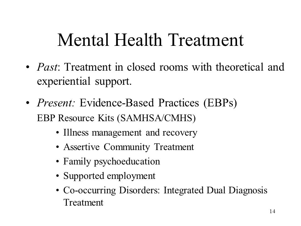 14 Mental Health Treatment Past: Treatment in closed rooms with theoretical and experiential support.