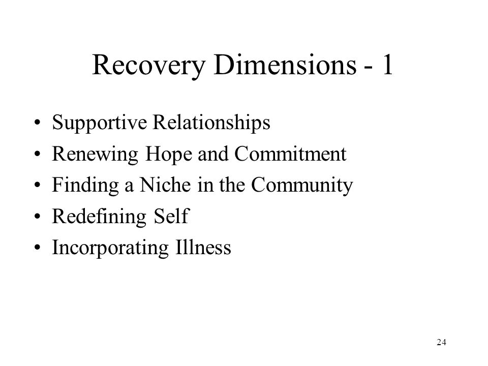 24 Recovery Dimensions - 1 Supportive Relationships Renewing Hope and Commitment Finding a Niche in the Community Redefining Self Incorporating Illness