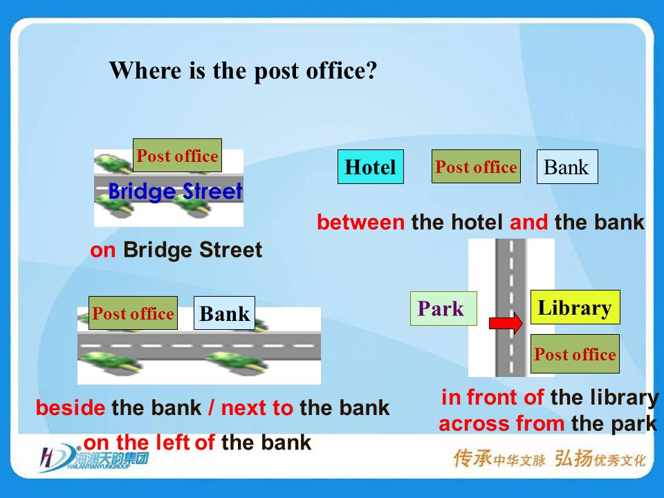The bank is the post office and the school