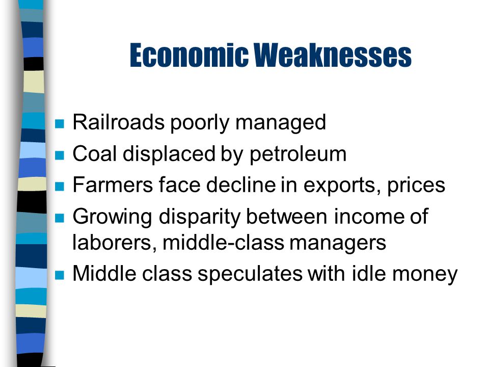 Economic Weaknesses n Railroads poorly managed n Coal displaced by petroleum n Farmers face decline in exports, prices n Growing disparity between income of laborers, middle-class managers n Middle class speculates with idle money