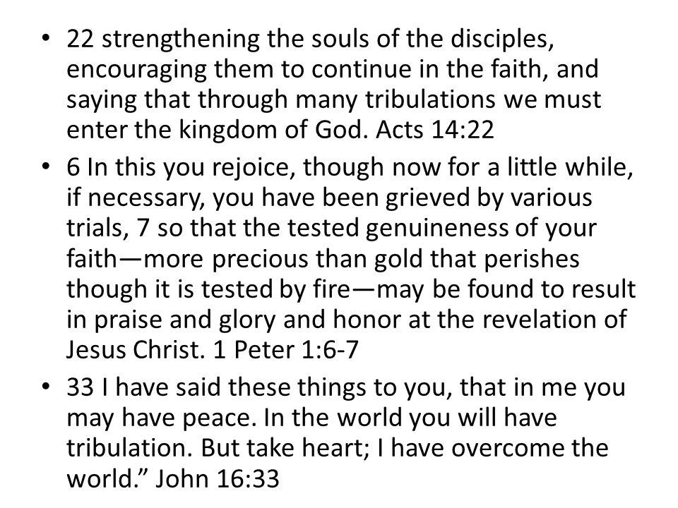 22 strengthening the souls of the disciples, encouraging them to continue in the faith, and saying that through many tribulations we must enter the kingdom of God.