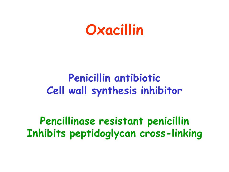 Oxacillin Penicillin antibiotic Cell wall synthesis inhibitor Pencillinase resistant penicillin Inhibits peptidoglycan cross-linking