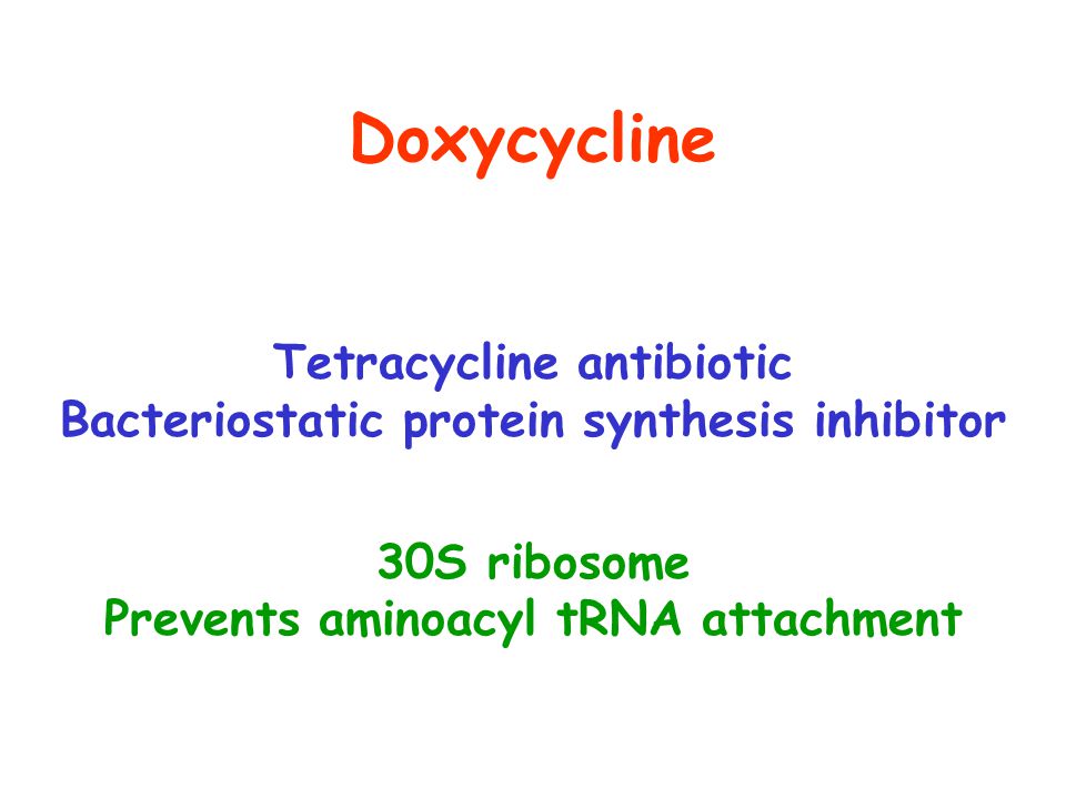 Doxycycline Tetracycline antibiotic Bacteriostatic protein synthesis inhibitor 30S ribosome Prevents aminoacyl tRNA attachment