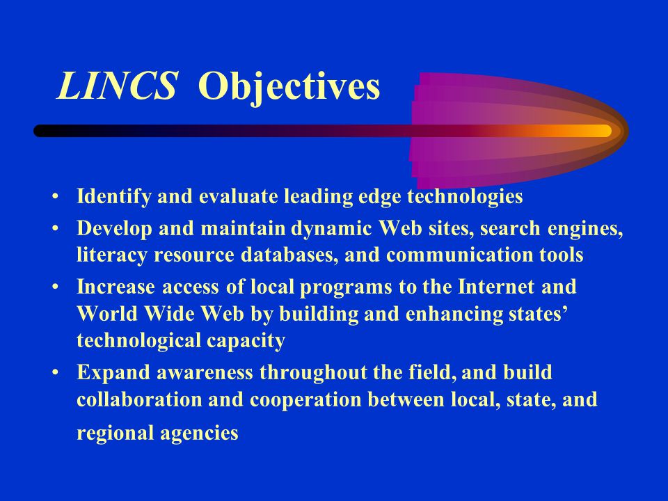 LINCS Objectives Identify and evaluate leading edge technologies Develop and maintain dynamic Web sites, search engines, literacy resource databases, and communication tools Increase access of local programs to the Internet and World Wide Web by building and enhancing states’ technological capacity Expand awareness throughout the field, and build collaboration and cooperation between local, state, and regional agencies