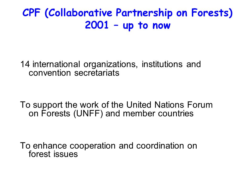 CPF (Collaborative Partnership on Forests) 2001 – up to now 14 international organizations, institutions and convention secretariats To support the work of the United Nations Forum on Forests (UNFF) and member countries To enhance cooperation and coordination on forest issues