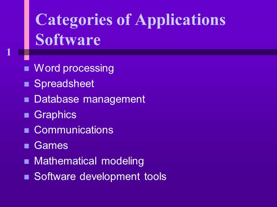 1 Categories of Applications Software n Word processing n Spreadsheet n Database management n Graphics n Communications n Games n Mathematical modeling n Software development tools