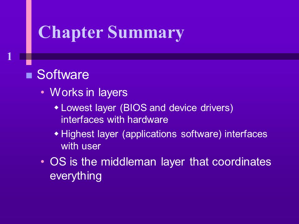1 Chapter Summary n Software Works in layers  Lowest layer (BIOS and device drivers) interfaces with hardware  Highest layer (applications software) interfaces with user OS is the middleman layer that coordinates everything