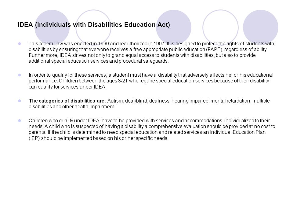 IDEA (Individuals with Disabilities Education Act) This federal law was enacted in 1990 and reauthorized in 1997.