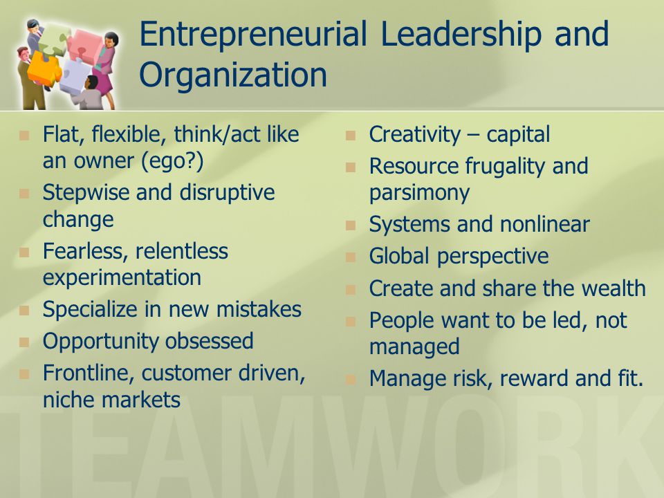 Entrepreneurial Leadership and Organization Flat, flexible, think/act like an owner (ego ) Stepwise and disruptive change Fearless, relentless experimentation Specialize in new mistakes Opportunity obsessed Frontline, customer driven, niche markets Creativity – capital Resource frugality and parsimony Systems and nonlinear Global perspective Create and share the wealth People want to be led, not managed Manage risk, reward and fit.