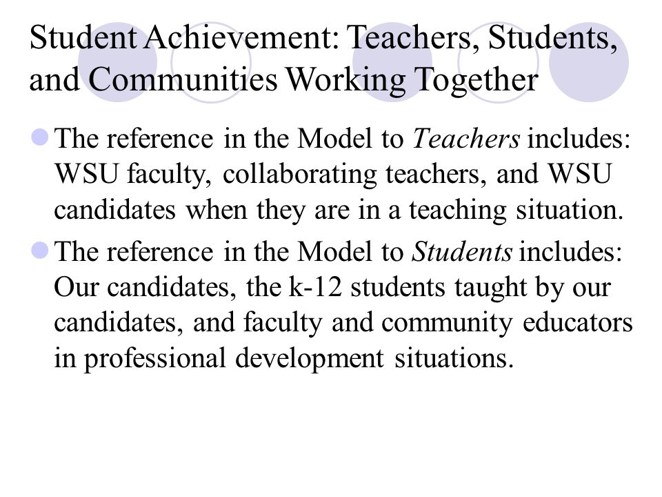 The reference in the Model to Teachers includes: WSU faculty, collaborating teachers, and WSU candidates when they are in a teaching situation.