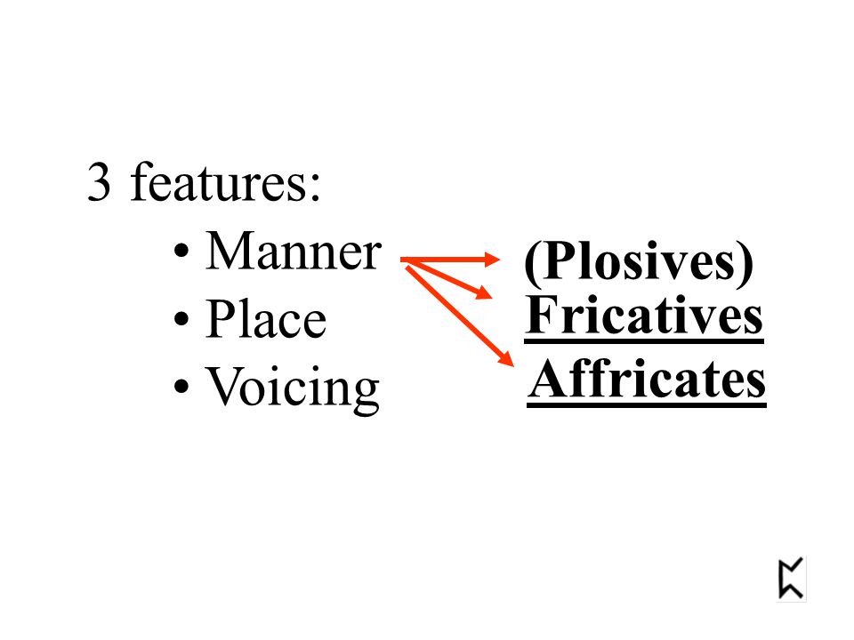 3 features: Manner Place Voicing (Plosives) Fricatives Affricates