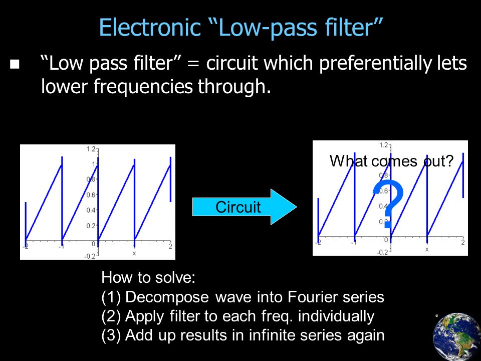Electronic Low-pass filter Low pass filter = circuit which preferentially lets lower frequencies through.