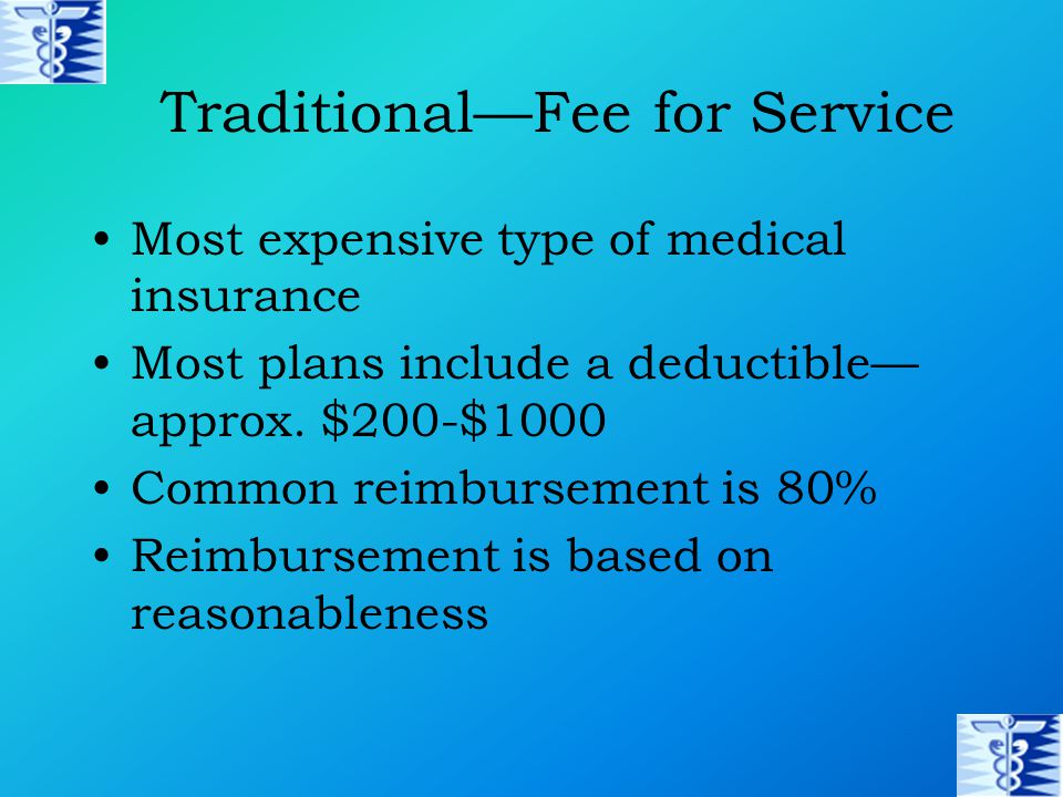 Traditional—Fee for Service Most expensive type of medical insurance Most plans include a deductible— approx.