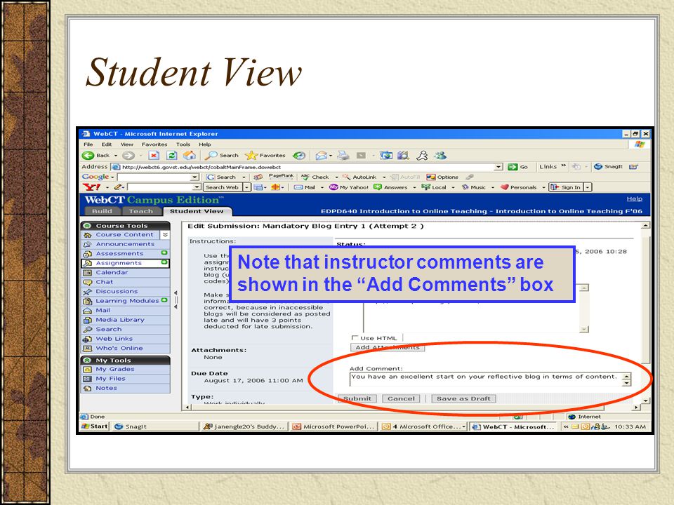 Student View Note that instructor comments are shown in the Add Comments box