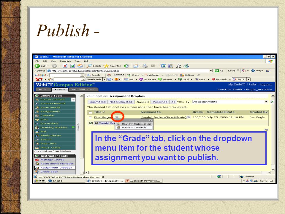 Publish - In the Grade tab, click on the dropdown menu item for the student whose assignment you want to publish.